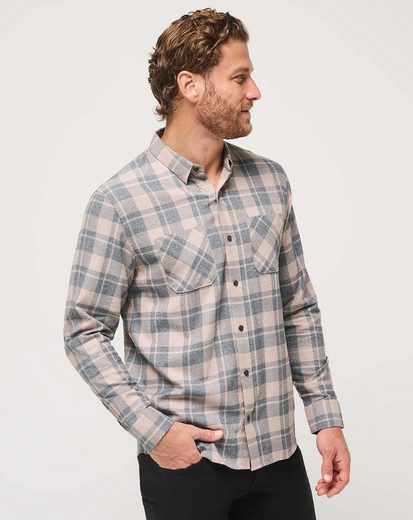 Cloud Flannel Plaid Button-Up